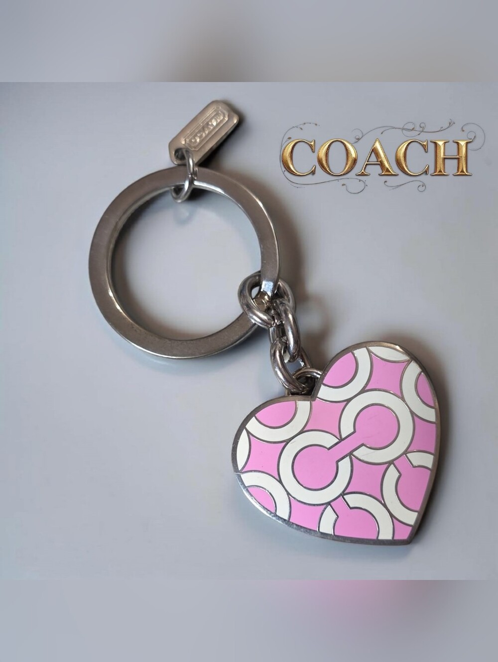 Coach Signature C Pink and White Enamel Heart Locket Keychain Vintage